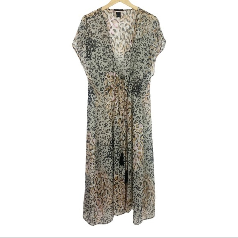 Steve Madden Leopard Print Flowy Tassel Tie Front Swim Suit Beach Coverup